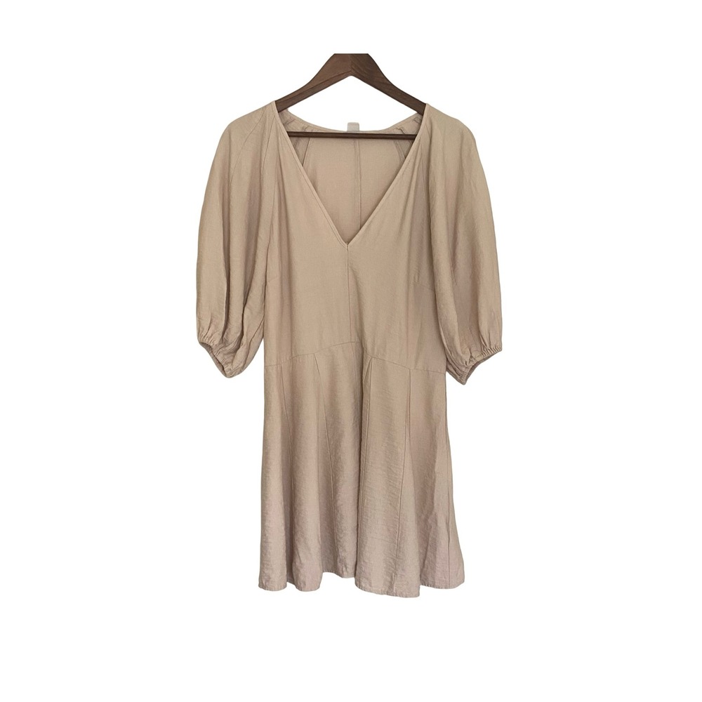 H&M Beige Puff Sleeve Mini Dress Women's S V Neck Fit Flare